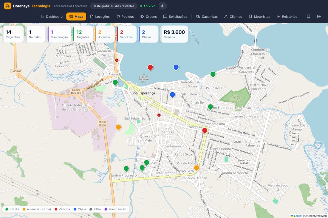 Mapa em tempo real mostrando cada caçamba alugada na cidade, colorida por status